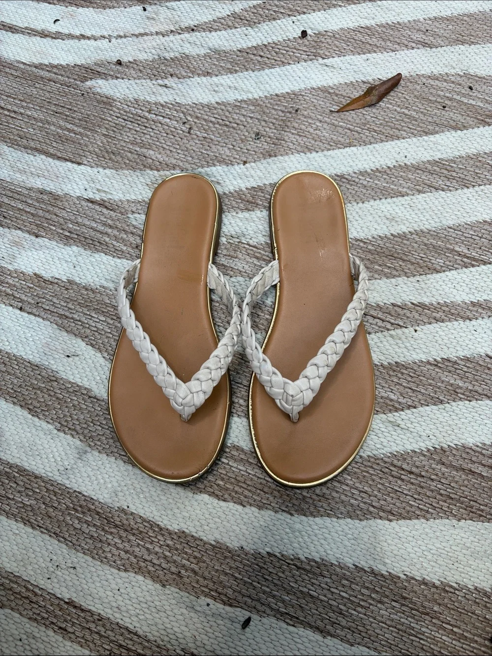 Women’s White Braided-Strap Slide Sandals with Tan Footbed